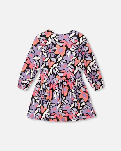 Jersey Dress Black Retro Flower Print