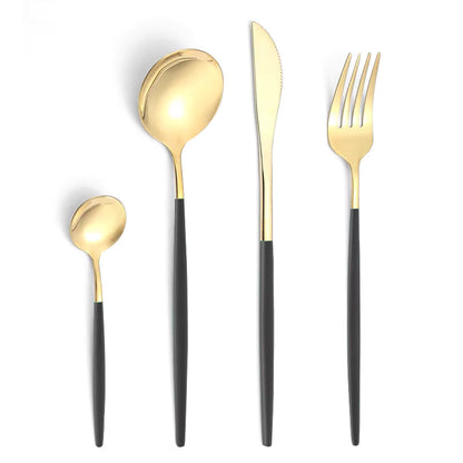 24-Piece Stainless Steel Cutlery Set – Gold Finish with Colour Handles | Flatware Set