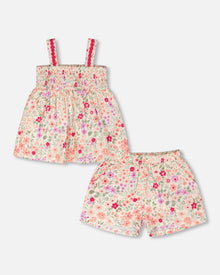 Ensemble Débardeur Smocké Et Short En Mousseline Fleurs Imprimées Écru