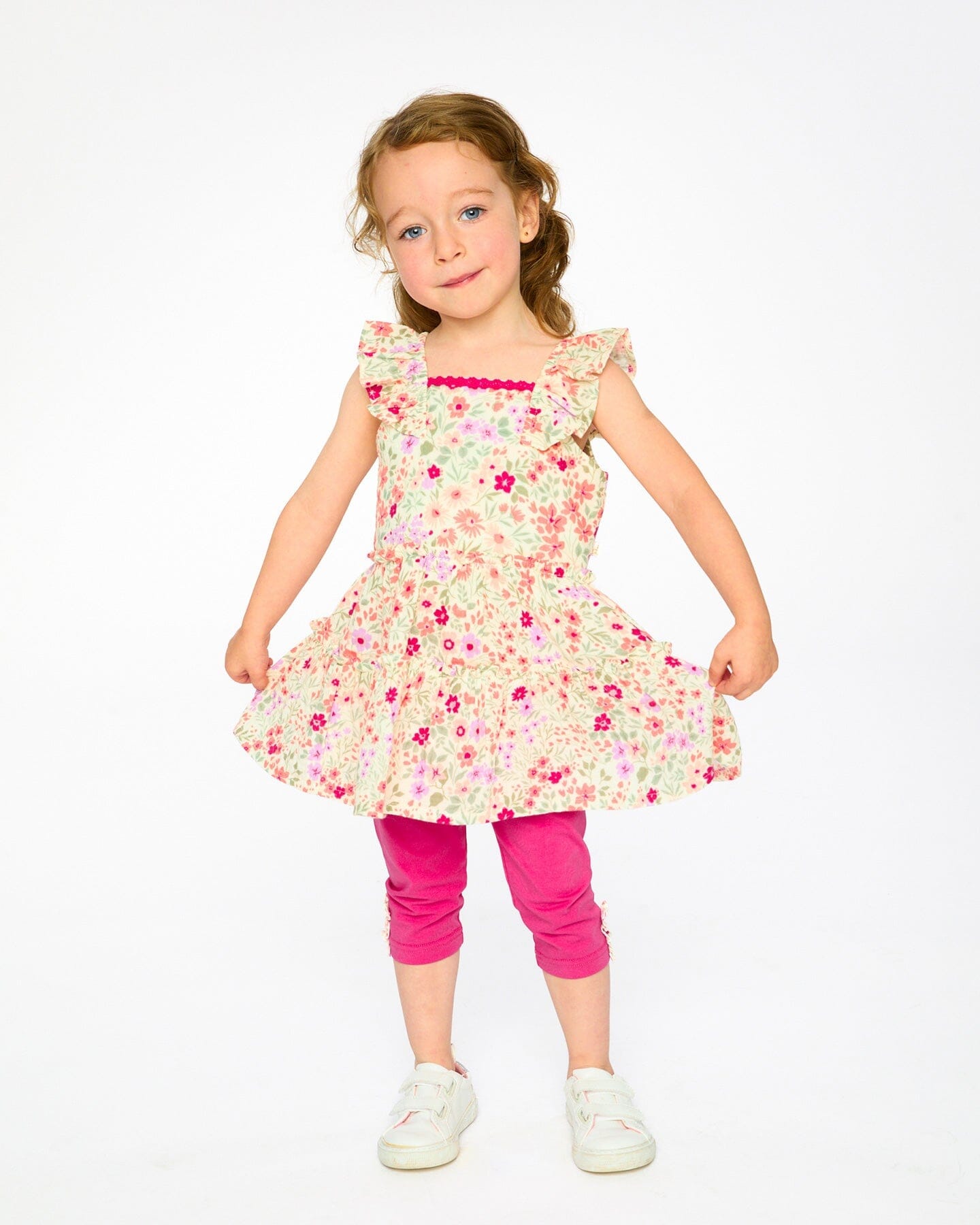 Ensemble tunique et capri en coton biologique blanc cassé imprimé fleuri et rose