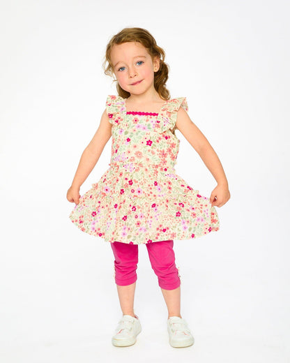 Ensemble tunique et capri en coton biologique blanc cassé imprimé fleuri et rose