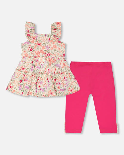Ensemble tunique et capri en coton biologique blanc cassé imprimé fleuri et rose
