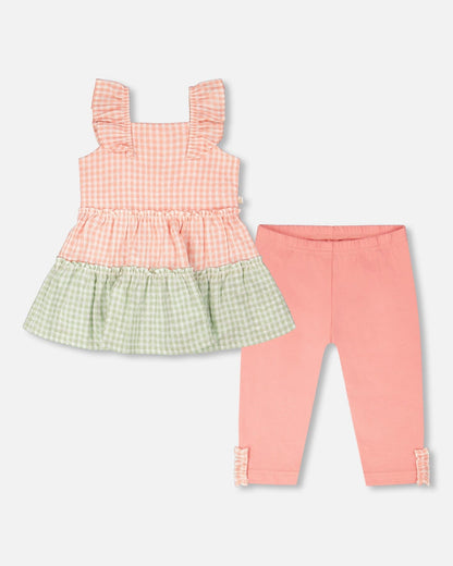 Ensemble tunique et capri en coton biologique Vichy corail et corail