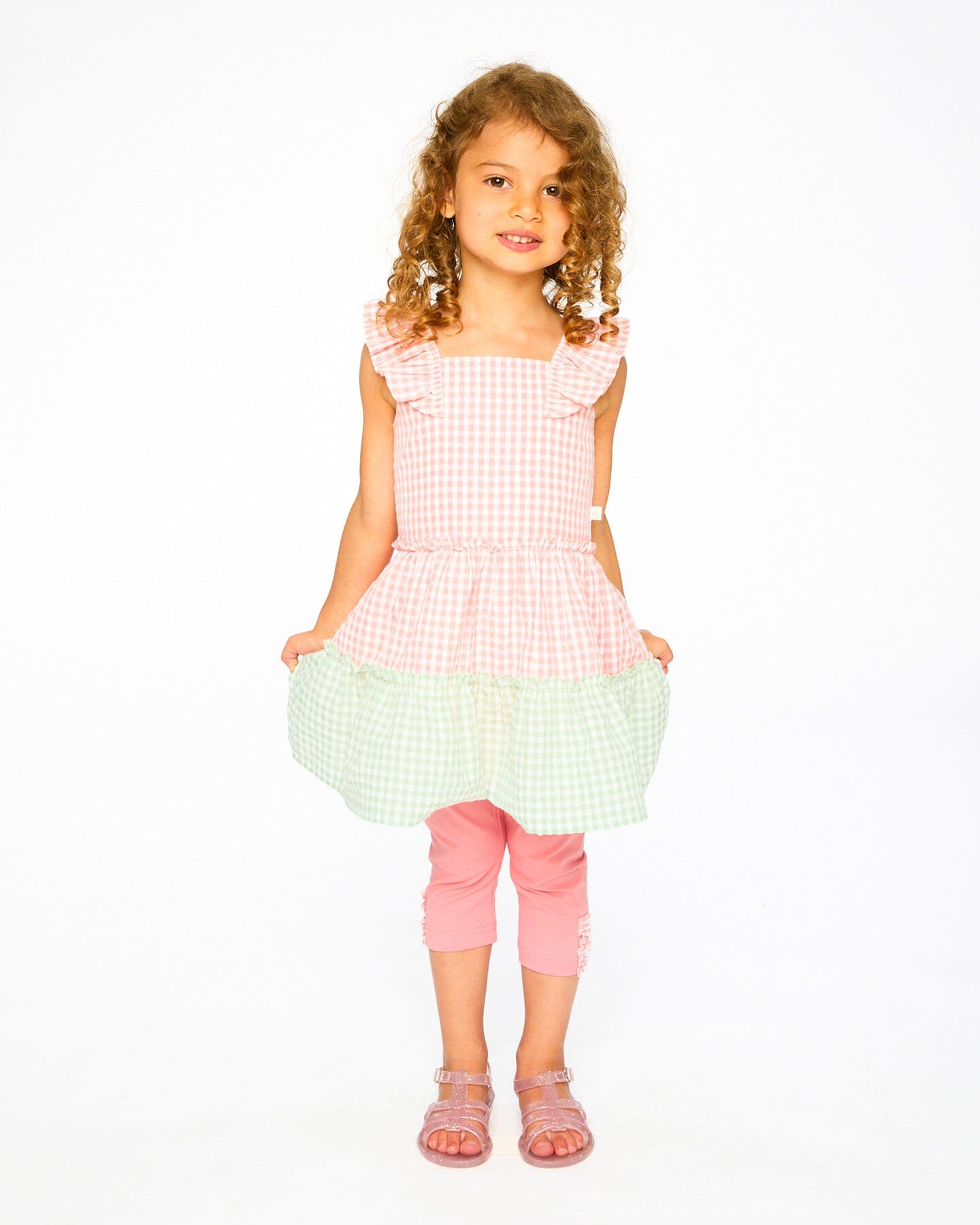 Ensemble tunique et capri en coton biologique Vichy corail et corail