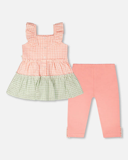 Ensemble tunique et capri en coton biologique Vichy corail et corail