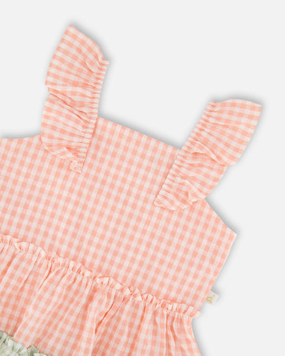 Ensemble tunique et capri en coton biologique Vichy corail et corail