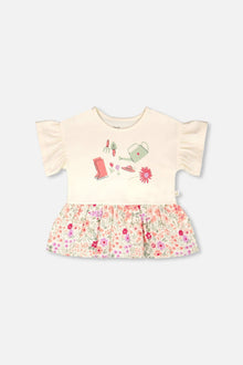 Organic Cotton Bi-Material Tunic Beige Flowers Print