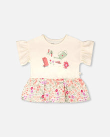 Tunique Bi-Matière Coton Bio Imprimé Fleurs Beige