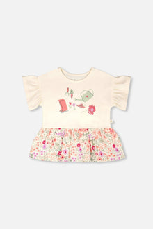 Tunique Bi-Matière Coton Bio Imprimé Fleurs Beige