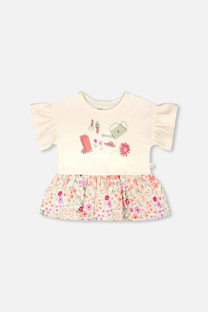 Organic Cotton Bi-Material Tunic Beige Flowers Print