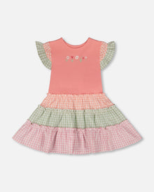 Robe bi-matière coton bio corail et vichy
