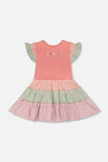 Organic Cotton Bi-Material Dress Coral And Gingham