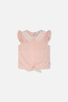 Débardeur rayé rose et jaune avec col en crochet