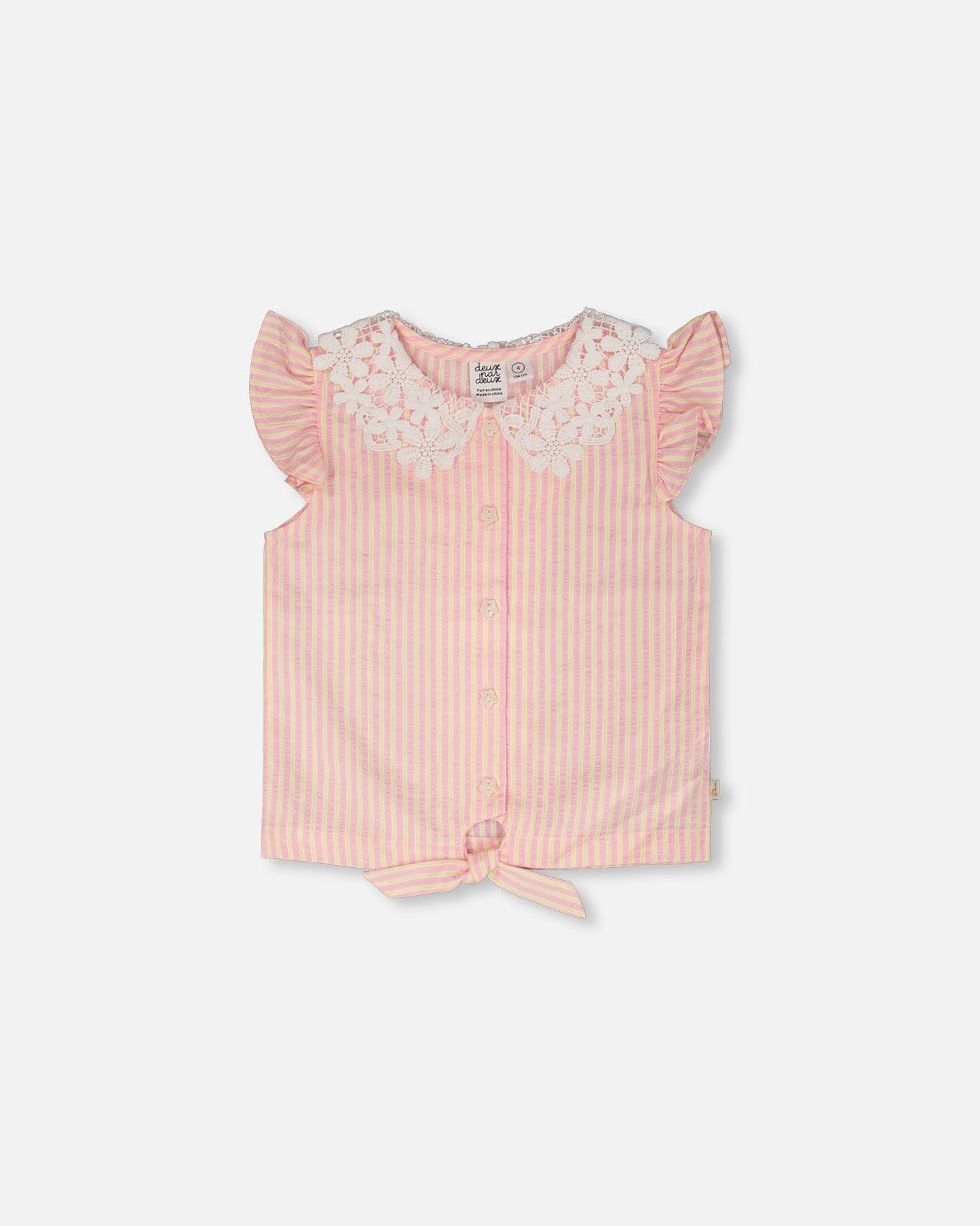 Débardeur rayé rose et jaune avec col en crochet