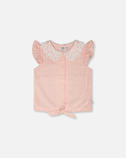 Débardeur rayé rose et jaune avec col en crochet