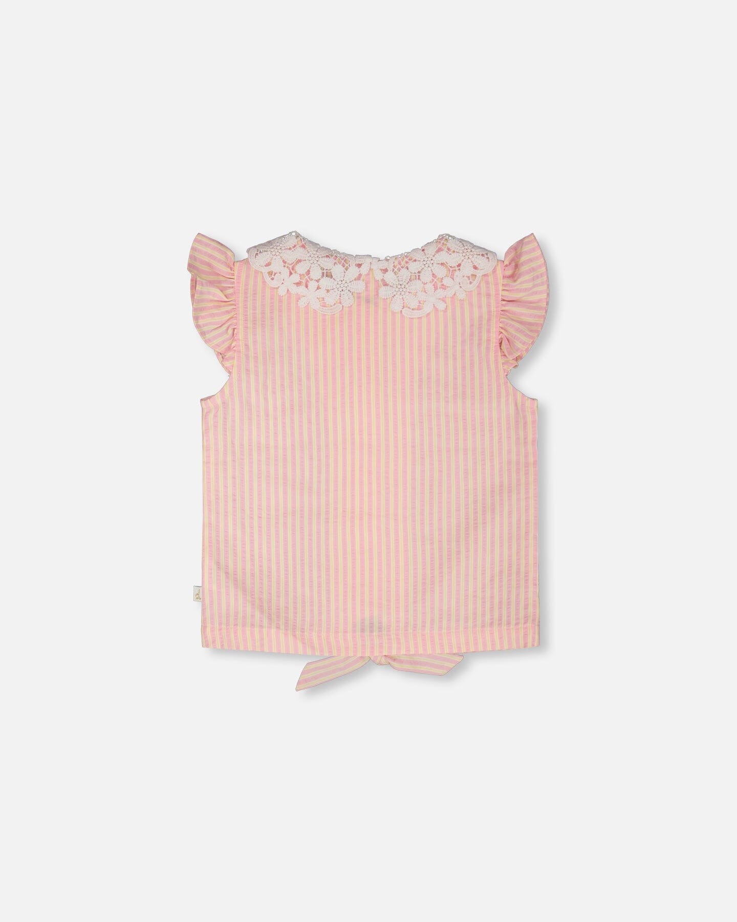 Débardeur rayé rose et jaune avec col en crochet