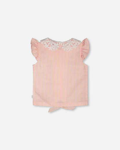 Débardeur rayé rose et jaune avec col en crochet