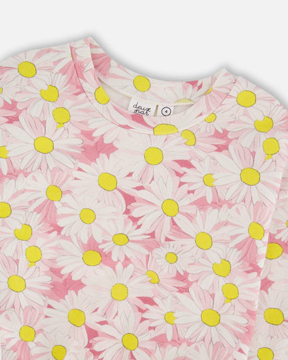 Sweat-shirt en molleton fleuri marguerites roses
