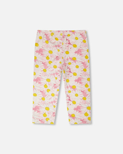 Jersey Capri rose vif imprimé marguerites