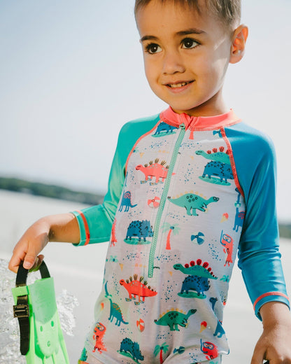Combinaison de bain une pièce à manches longues anti-UV pour bébé et tout-petit, imprimé dinosaure gris