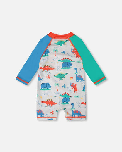 Combinaison de bain une pièce à manches longues anti-UV pour bébé et tout-petit, imprimé dinosaure gris