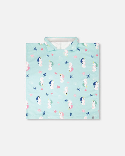 Serviette de plage à capuche, imprimé hippocampe bleu