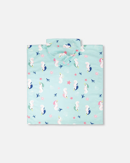 Serviette de plage à capuche, imprimé hippocampe bleu