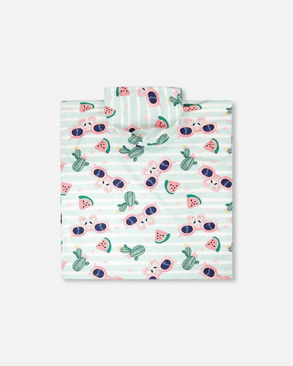 Serviette de Plage à Capuche Imprimé Flamant Rose et Cactus Bleus