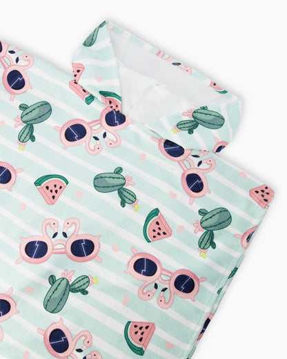 Serviette de Plage à Capuche Imprimé Flamant Rose et Cactus Bleus
