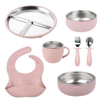 Service de vaisselle 7 pièces haut de gamme en silicone et acier inoxydable pour enfants | Ensemble repas