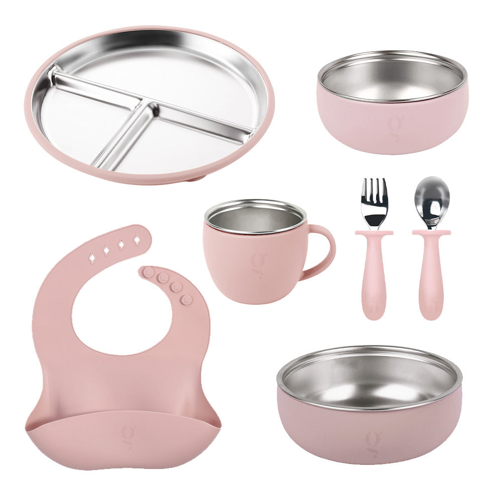 Service de vaisselle 7 pièces haut de gamme en silicone et acier inoxydable pour enfants | Ensemble repas
