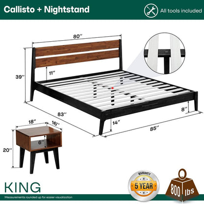 Ensemble de chambre à coucher Callisto avec cadre de lit et table de chevet en bois massif
