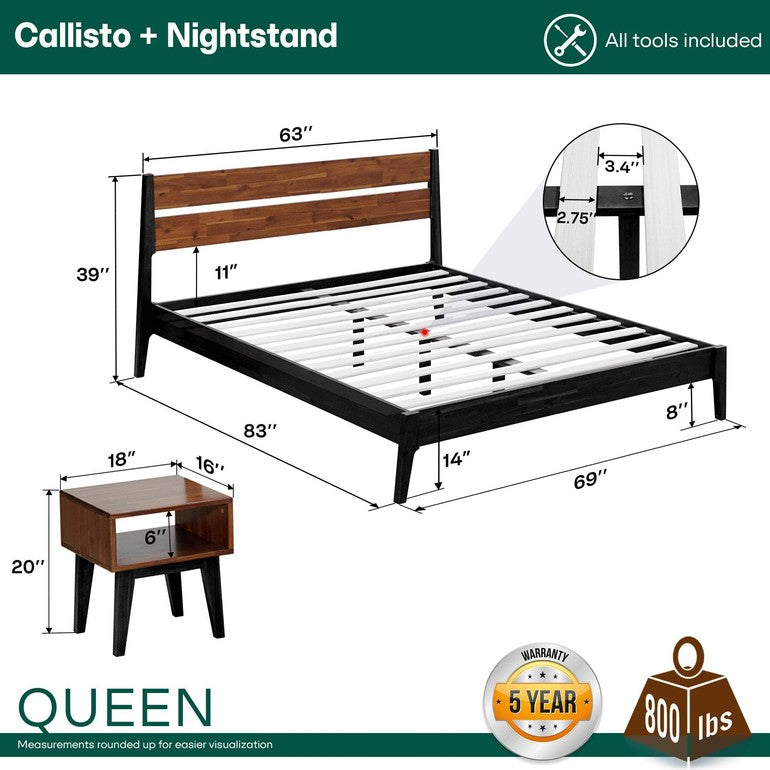 Ensemble de chambre à coucher Callisto avec cadre de lit et table de chevet en bois massif