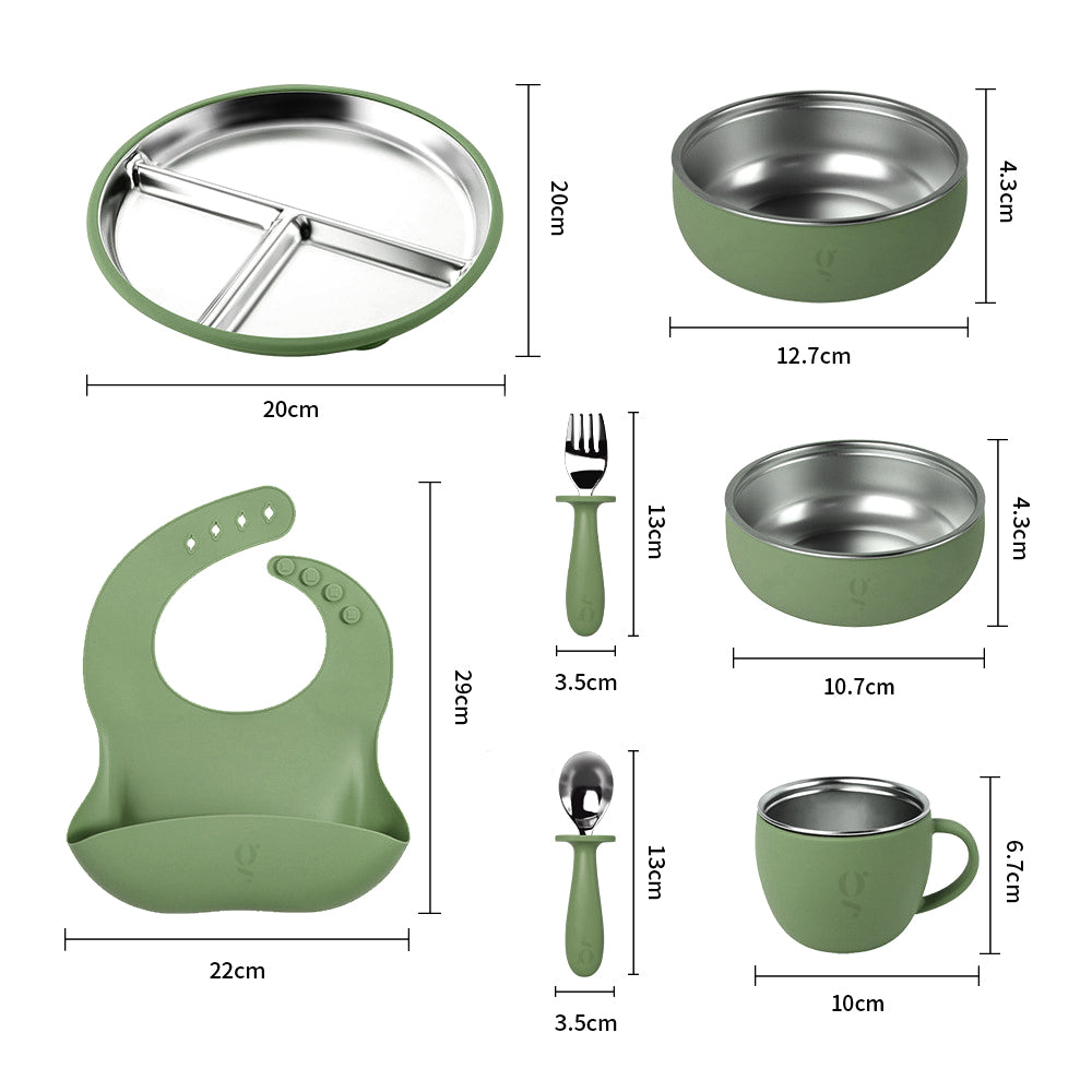 Service de vaisselle 7 pièces haut de gamme en silicone et acier inoxydable pour enfants | Ensemble repas
