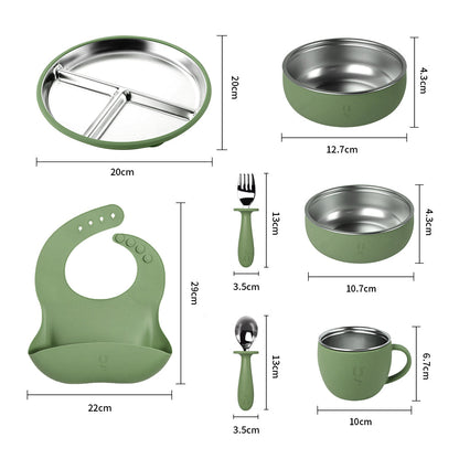 Service de vaisselle 7 pièces haut de gamme en silicone et acier inoxydable pour enfants | Ensemble repas