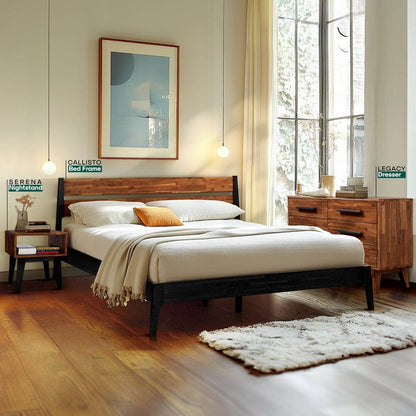 Ensemble de chambre à coucher Callisto avec cadre de lit et table de chevet en bois massif