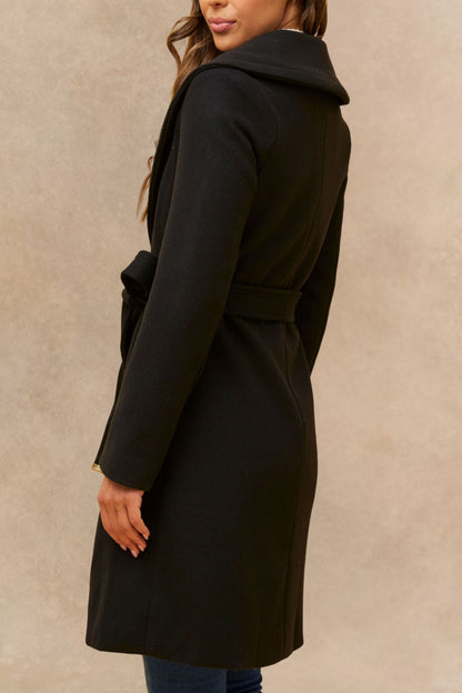 Hazel Black Wrap Coat Shawl Collar Belted With Pockets