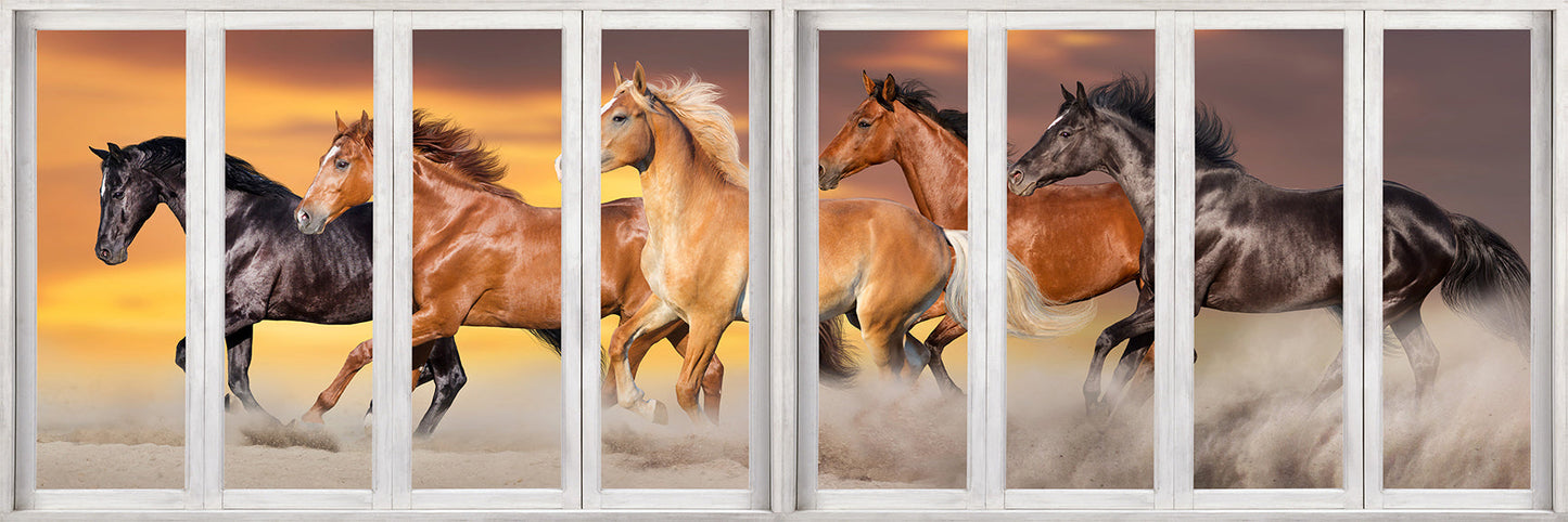 Toile imprimée panoramique Chevaux avec effet fenêtre - Imprimé animalier
