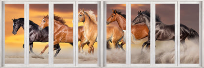 Toile imprimée panoramique Chevaux avec effet fenêtre - Imprimé animalier