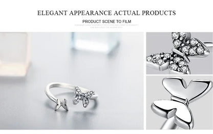 Bague ouverte papillon en argent sterling 925 avec zircons cubiques
