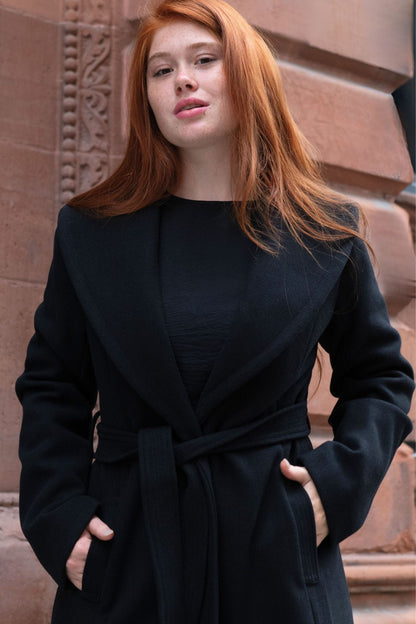 Hazel Black Wrap Coat Shawl Collar Belted With Pockets
