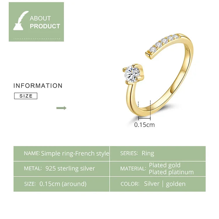 Bague ajustable en argent sterling 925 avec oxyde de zirconium