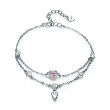 Sterling Silver Double Layer Bracelet with Pink CZ Hearts