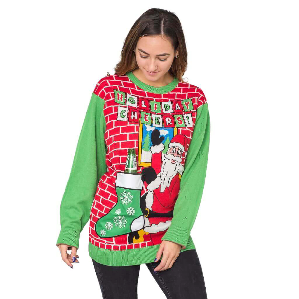 Joyeuses Fêtes ! Chandail à bas de Noël avec porte-bière et père Noël