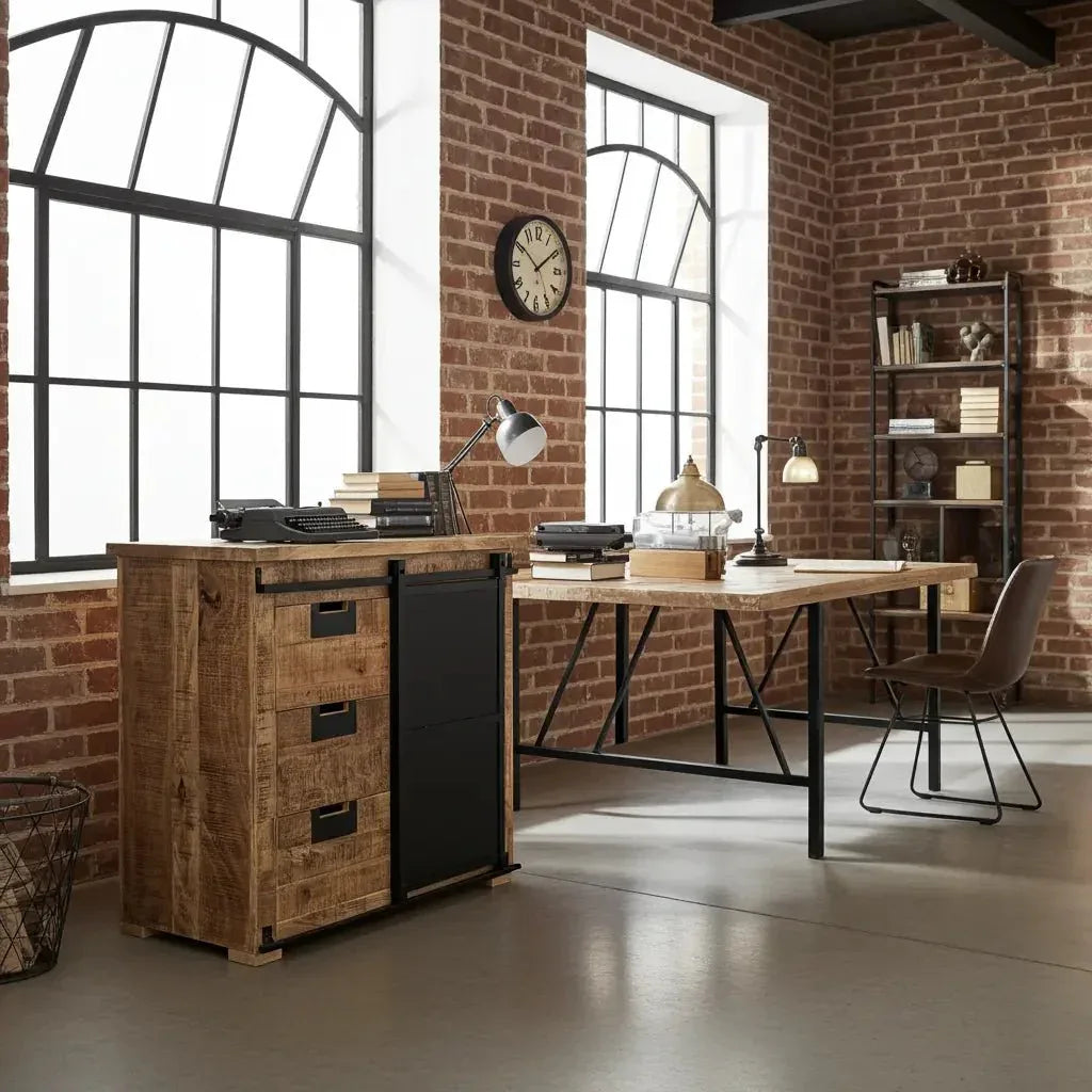 Commode Raven en bois de manguier avec porte coulissante en acier noir