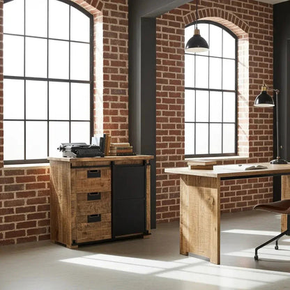 Commode Raven en bois de manguier avec porte coulissante en acier noir