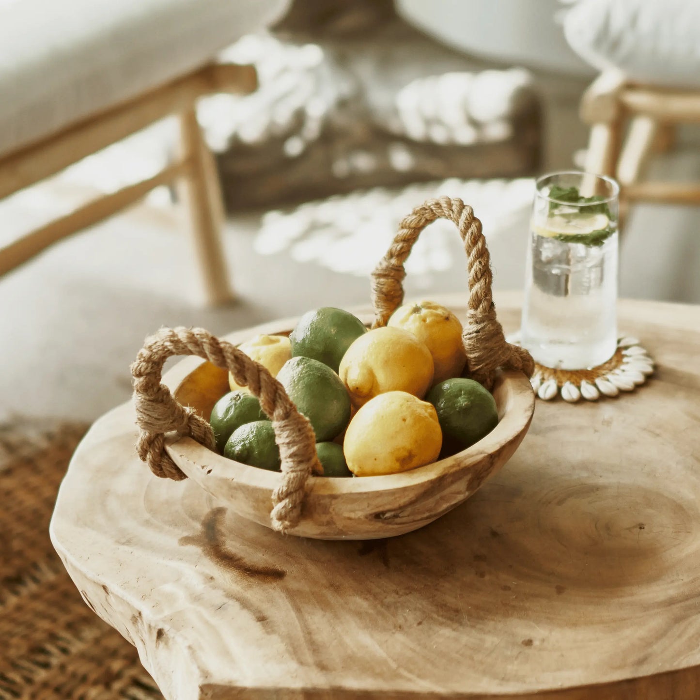 Rustic teak bowl with jute handles