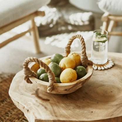 Rustic teak bowl with jute handles