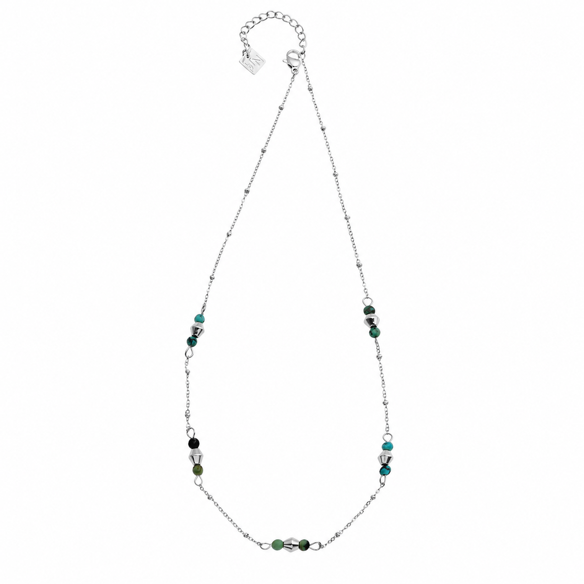 IMANI : Collier Fin en Chaîne Perles Mélangées avec Pierres Naturelles et Métal Or Blanc (ton Argent)