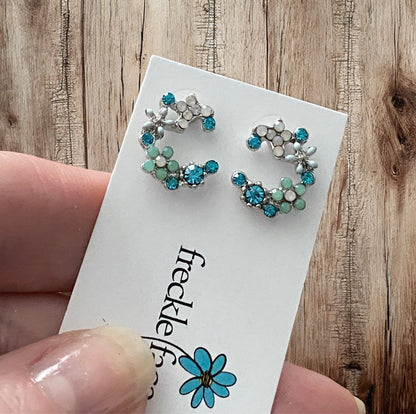 Crescent Bloom Stud Earrings – Floral Halo Design - Sparkle